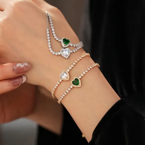Heart Shaped Cubic Zirconia Bracelet Adjustable Bolo Slider Clasp Copper Jewelry For Women Elegant Tennis Chain Design