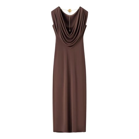 Ärmelloses Maxikleid Strick Drapiertem Ausschnitt Rücken Metallkette Rosendekor Schmale Passform Elegant Damen