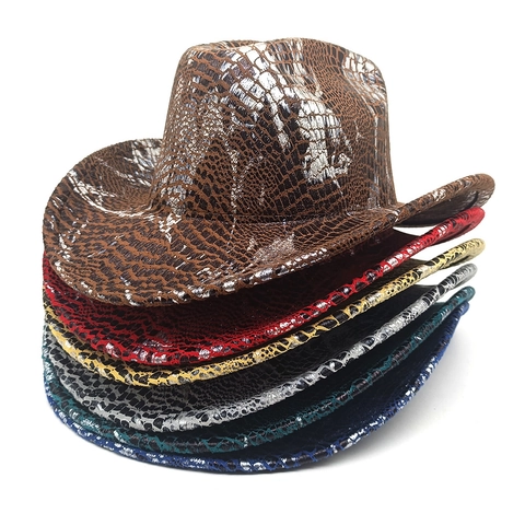 Chapeau De Cowboy Occidental Motif Serpent Éclat Métallique Large Bord Rétro Jazz Fedora Unisexe Protection Solaire