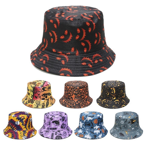 Chapeau Bob Halloween Polyester Protection Solaire Imprimé Citrouille Crâne Accessoire Fête Unisexe Style Festival