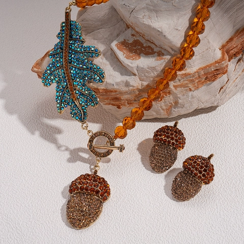 Collar Y Pendientes Bellota Hoja Con Poste De Plata Vintage Aleación Diamantes De Imitación Ámbar Perlas Retro Lujo Mujer