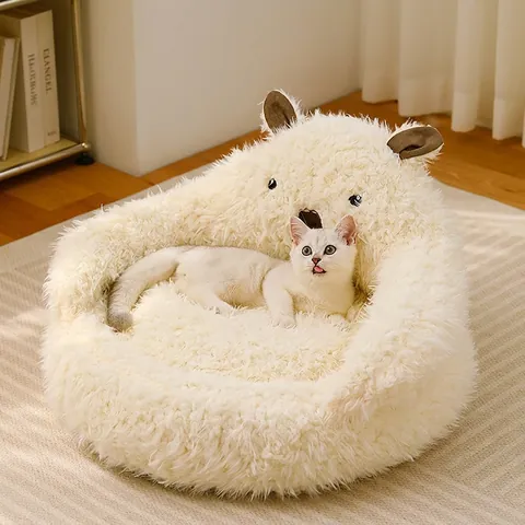 Cama De Felpa Para Gatos Alpaca Nido Cálido Perros Pequeños Sueño Profundo Forma Animal Dibujos Animados Sofá Lavable