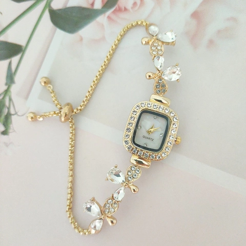 Fashion Women Bracelet Watch Square Quartz Dial Rhinestone Inlaid Adjustable Slide Chain Butterfly Decorative Elegant