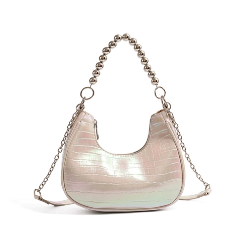Damen Umhängetasche PU Krokodilmuster Perlmutt Laser Silberne Künstliche Perlengriff Halbmond Hobo Elegant