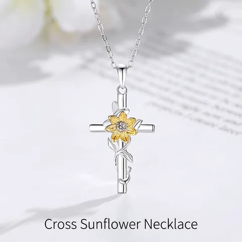 925 Sterling Zilveren Zonnebloem Kruis Ketting Voor Dames Verguld Met Zirkonia Religieuze Natuur Geïnspireerde Sieraden