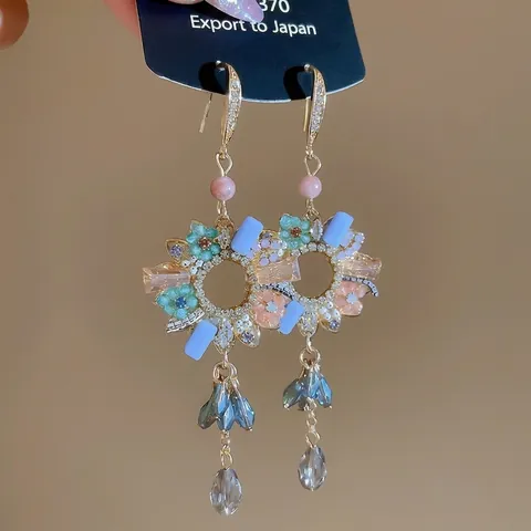 Pendientes Bohemios De Flores Coloridas Con Borlas Y Circonita Con Colgante De Cristal Gota De Agua Estilo Corte Vintage Mujer