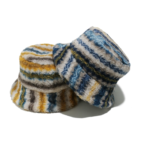 Cappello Alla Pescatora Peluche Righe Sfumate Pelliccia Sintetica Inverno Caldo Antivento Berretto Spesso Per Donna