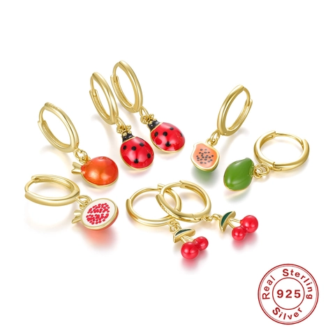 Boucles d'Oreilles Créoles en Argent Sterling 925 Fruit Avocat Cerise Fraise Émail Goutte d'Huile Pendentif Bijoux pour Femme
