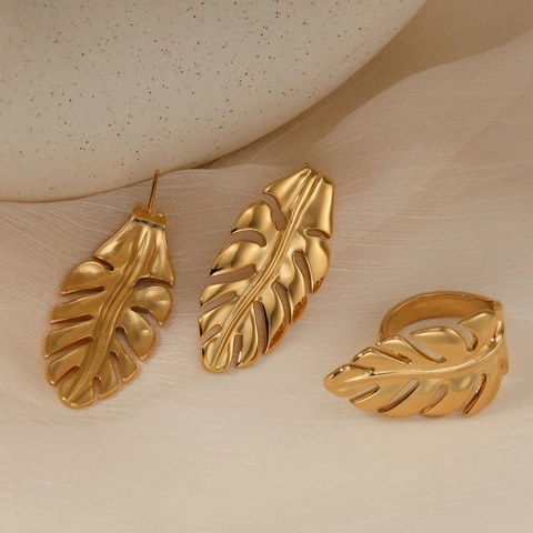 Orecchini E Anello Aperto Foglia Di Monstera Acciaio Inossidabile Placcato Oro Per Donne Impermeabile Vintage Design Minimalista