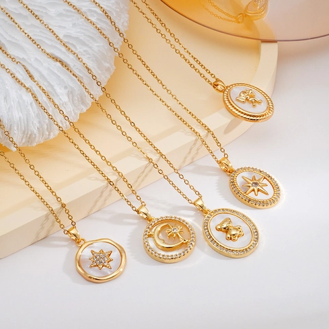 Collana Con Pendente Rame Placcato Oro 18K Zircone Madreperla Elegante Orso Stella Luna Cupido Donna