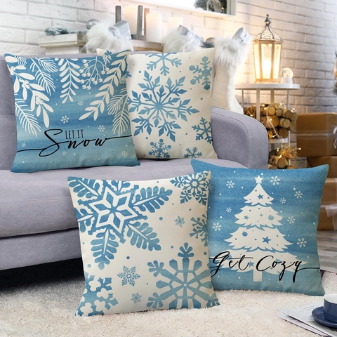 Decoratieve Kussenslopen Met Blauwe Witte Sneeuwvlok Kerstboom Winter Linnen Kussenslopen Voor Bank Vakantie Huisdecoratie