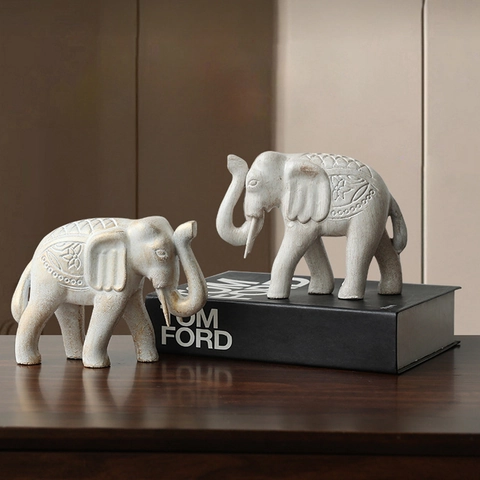 Figura De Elefante De Madera Retro Estatua De Animal De La Suerte Ornamento Tallado Floral Para Decoración De Mesa