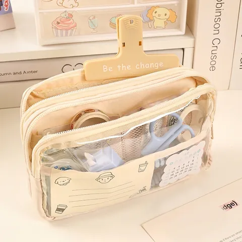 Large Capacity Pencil Case Multi Layer Transparent Waterproof Fabric PU Simple Aesthetic School Student Stationery Bag