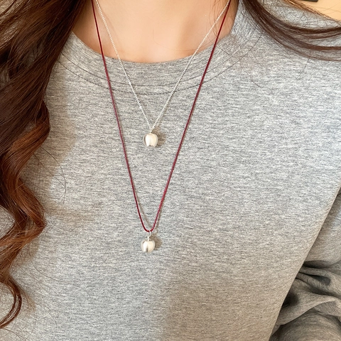 Collana Con Ciondolo A Mela Rame Spazzolato Opaco Forma Di Frutto Regolabile Corda In Pelle Rossa Catena Sottile Per Donna
