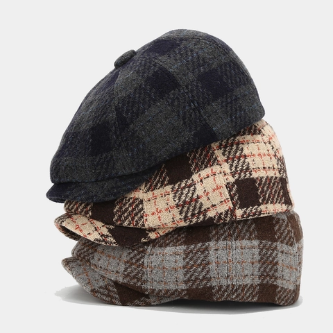 Vintage Geruite Newsboy Pet Polyester Tweed Achthoekige Hoed Retro Cabbie Flat Cap Voor Herfst Winter