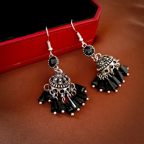 Orecchini Jhumka Con Nappine Perline Di Cristallo Nero E Perno In Argento Sterling 925 Stile Etnico Vintage