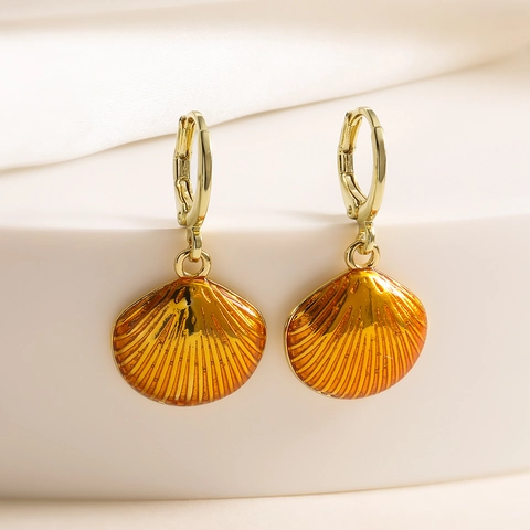 Orecchini A Cerchio Con Pendente A Conchiglia Vintage Placcati Oro 18K Rame Smalto Gioielli Per Donna Stile Retrò Elegante