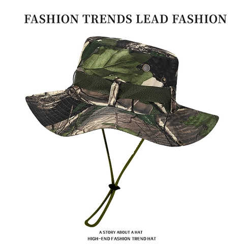 Camouflage Bucket Hat Wide Brim Sun Protection Waterproof Polyester Cotton Outdoor Fishing Boonie Hat With Chin Strap Unisex