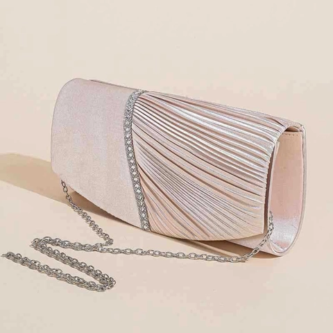 Elegant Rhinestone Pleated Satin Evening Clutch Bag Wedding Party Handbag For Women With Detachable Chain