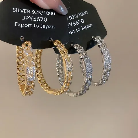 Cuban Link Creolen Mit 925 Sterling Silber Ohrstecker 18K Vergoldetes Kupfer Geometrisch Runde Pavé Zirkon Damen