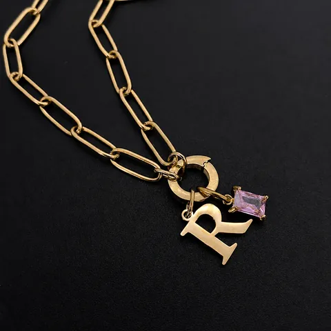 Edelstahl 14K Vergoldet Anfangsbuchstabe Anhänger Halskette Rosa Strass Büroklammerkette Für Damen Mode Schmuck Geschenk