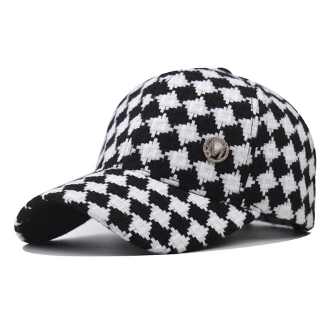 Gorra De Béisbol De Pata De Gallo Tejido Tweed Logotipo M De Metal Diamantes De Imitación Gorro De Sol Casual Para Mujer