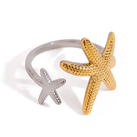 Bague Ouverte Étoile De Mer Acier Inoxydable Ajustable Double Étoile De Mer Bijoux Vacances Été Pour Femmes
