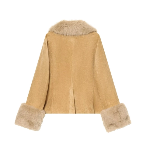 Veste En Suède Pour Femmes Avec Col En Fausse Fourrure Revers Manches Longues Boutonnée Chic Décontracté Khaki Court