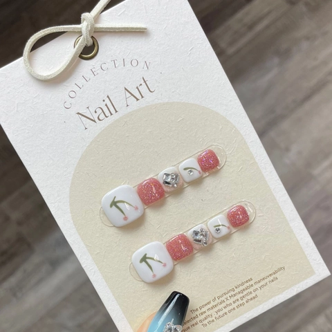 Toenail Press On Nails Hand Painted Cherry Design Pink Glitter Rhinestones Sweet Summer Style Women