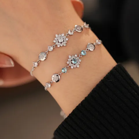 Pulsera Flor Copo De Nieve Cobre Circón Cierre Deslizante Ajustable Gemas Azules Blancas Joyería Elegante Mujer