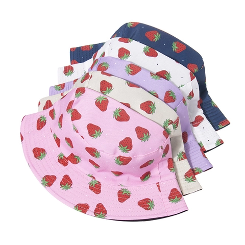 Strawberry Embroidery Bucket Hat Polyester Double Sided Wearable Foldable Sun Protection Summer Basin Cap Women Men