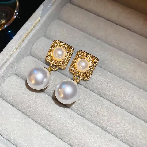 Orecchini Pendenti Vintage Francesi Lega Imitazione Perla Artificial Geometrici Con Perno In Argento Sterling 925 Per Donna