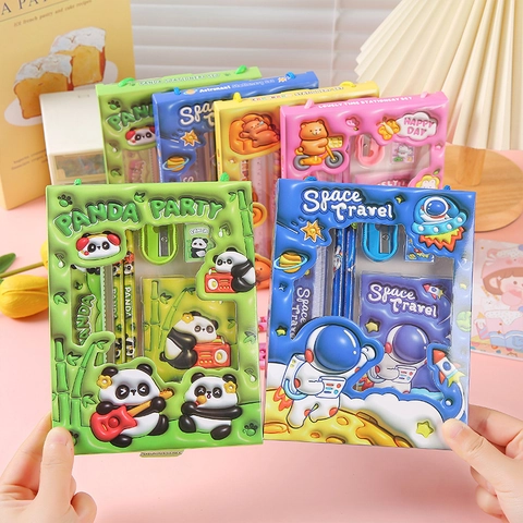 Cartoon Stationery Gift For Students Kids Pencils Ruler Eraser Sharpener Notebook Portable Handheld Cute Panda Themes