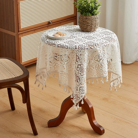 Vintage Häkel Tischdecke Ausgehöhlt Polyester Baumwolle Spitze Quasten Esstisch Couchtisch Heimdekor Boho Stil