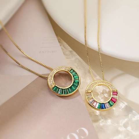 Pendant Necklace Copper 18K Gold Plated Hollow Round Circle Colorful Cubic Zirconia Light Luxury Jewelry For Women