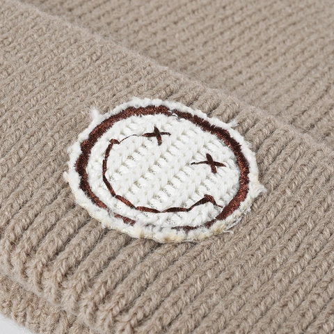 Beanie Mütze Gestrickt Kunstkaninchenfell Warm Winter Streetwear Smile Face Patch Gerippt Unisex Weich