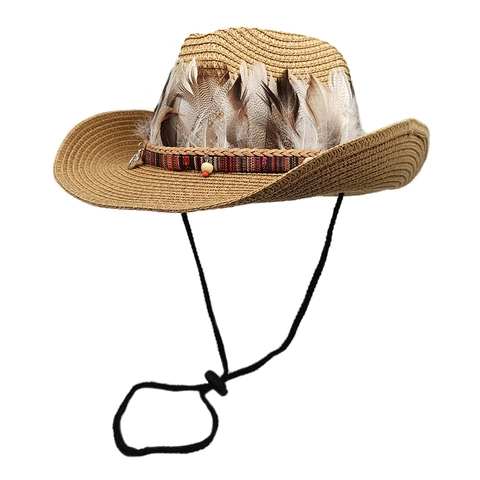 Sombrero De Paja Cowboy Occidental Estilo Étnico Decoración Plumas Ala Ancha Protección Solar Playa Viaje Con Cuerda Ajustable
