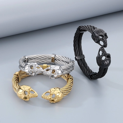Brazalete Abierto De Doble Calavera Para Hombre De Acero Inoxidable Cable Trenzado Punk Rock Gótico