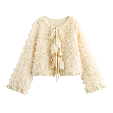 3D Rose Blume Netz Tüll Strickjacke Mit Bindeband Langarm Rundhals Französischer Süßer Stil Damen Jacke