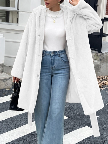 Women Long Faux Fur Coat Hooded Elegant Warm Outerwear With Belt Solid Color Thick Winter Overcoat