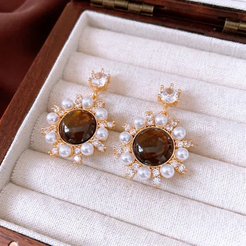 Retro Round Tiger's Eye Stud Earrings With Artificial Pearl Zircon 925 Sterling Silver Earring Post Vintage For Women