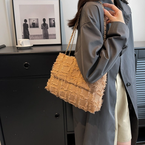 Borsa A Spalla In Tweed Da Donna Retro Plaid Tracolla Catena Borsetta Con Patta A Frange Elegante Tessuto Intrecciato
