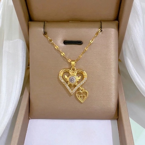 Doppelreihige Herz Anhänger Halskette Edelstahl Und Kupfer Mit Sonnenstrahl Zirkon Elegant Schmuck Für Frauen