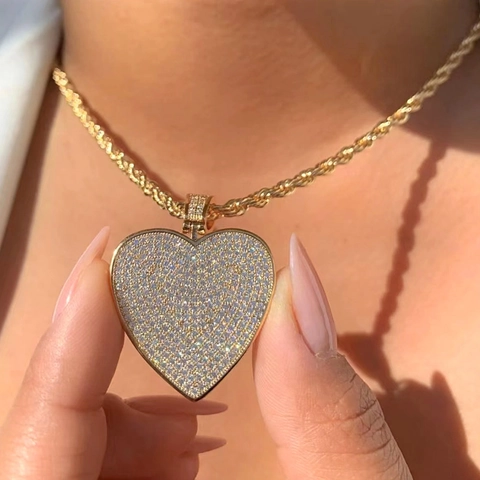 Bling Iced Out Hart Hanger Ketting Messing Cubic Zirconia Hip Hop Sieraden Met Touwketting Voor Heren Dames Cadeau
