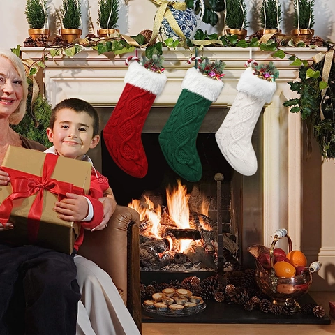 Christmas Stockings Cable Knit Polyester With Faux Fur Cuff Holiday Hanging Gift Bag Decorations Classical For Kids