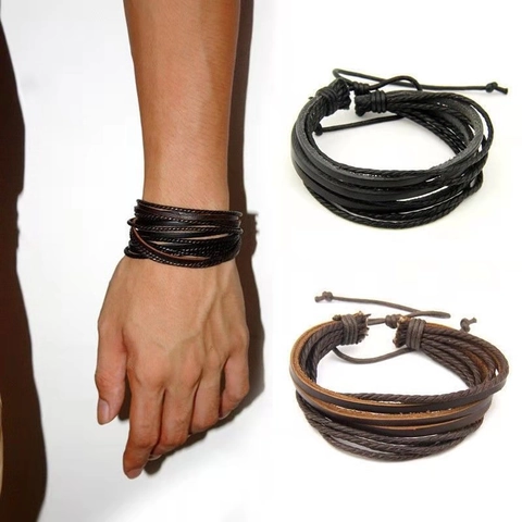 Men Multi-layer Leather Bracelet Vintage Woven Rope Adjustable Drawstring Hip Hop Bohemian Style Jewelry