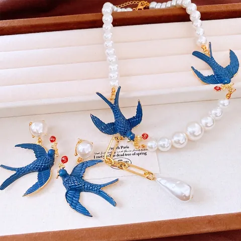 Vintage Schwalbe Vogel Schmuck Damen Emaille Floral Kunstperle Halskette Und Ohrringe Mit Silver Earring Post