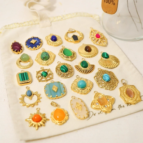 Vintage Bohemian Stainless Steel Natural Stone Pendants For DIY Necklace Making Handmade Jewelry Findings Gold Plated Findings