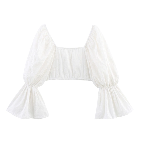 Damen Spitze Bestickt Crop Top Eckiger Ausschnitt Lange Ausgestellte Puffärmel Elegant Süß Weiß Bluse
