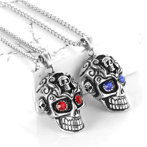 Skull Head Pendant Necklace With Rhinestones Alloy Pendant And Stainless Steel Chain Vintage Punk Hip Hop For Men
